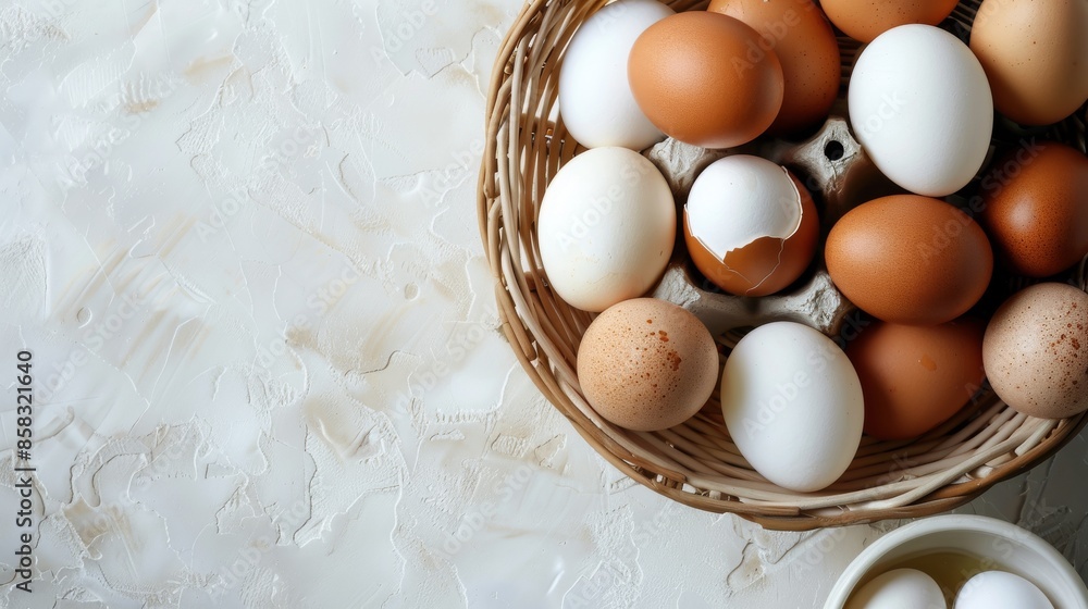 Fresh Brown and White Eggs in a Bowl with Egg Shells - Farmhouse Kitchen Concept Stock Photo Fresh Brown and White Eggs in a Bowl with Egg Shells - Farmhouse Kitchen Concept Stock Photo