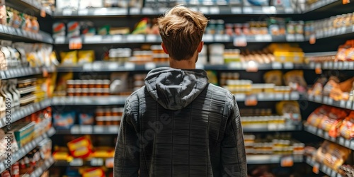 Wallpaper Mural Young man shopping for groceries in a supermarket rear view. Concept Supermarket shopping, Young man, Rear view, Grocery, Healthy lifestyle Torontodigital.ca
