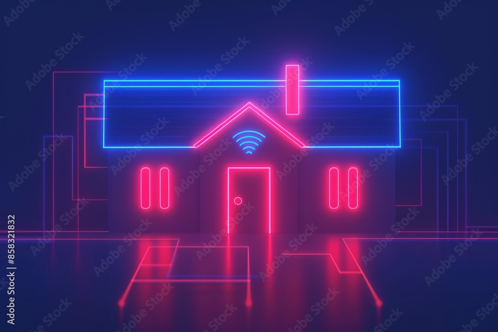 Futuristic neon house illustration with glowing lines and Wi-Fi symbol, representing smart home technology and connectivity. Futuristic neon house illustration with glowing lines and Wi-Fi symbol, representing smart home technology and connectivity.