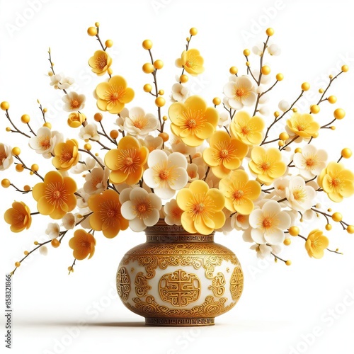 Lunar New Year flower vase, bright yellow apricot flowers, intricate vase design, white background photo