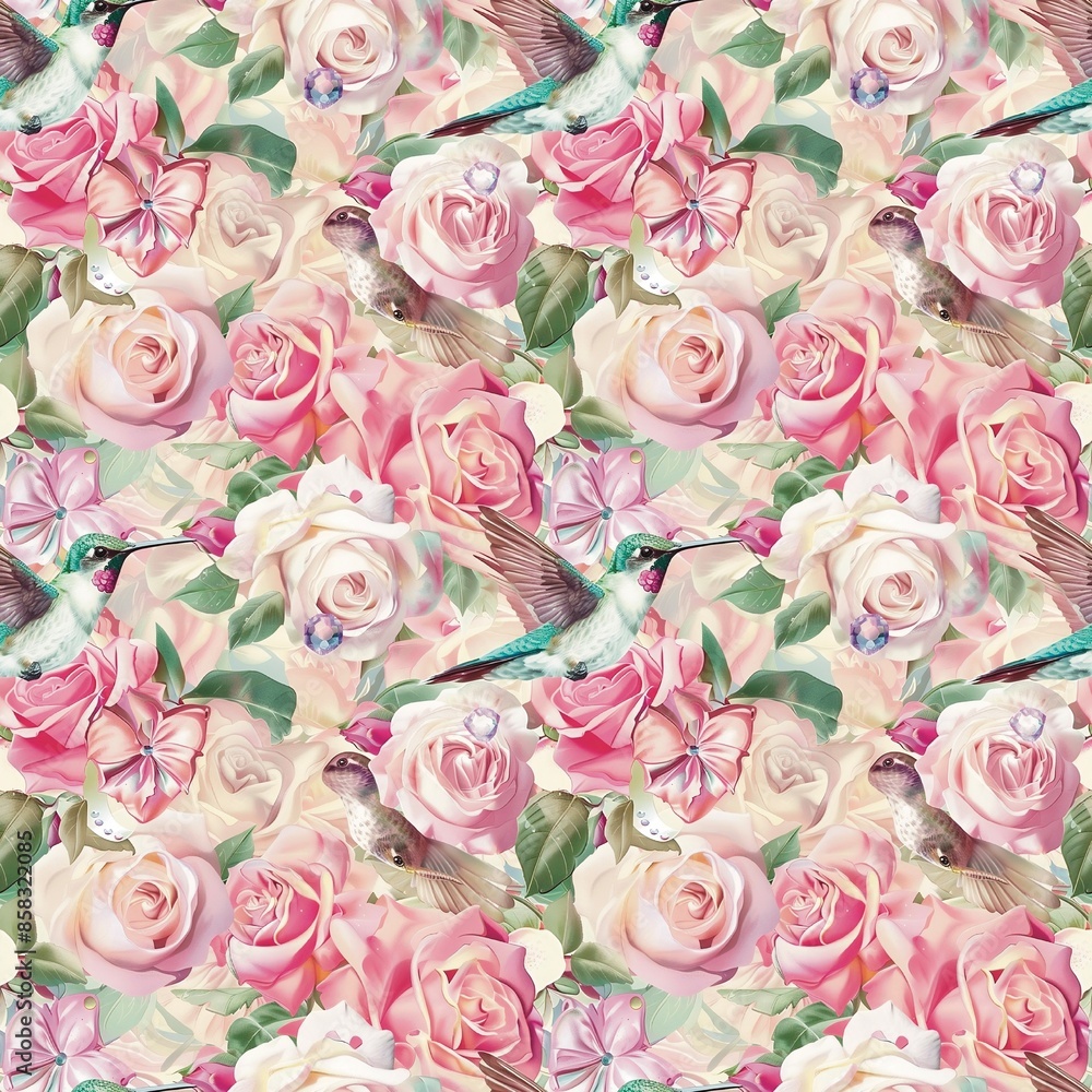 Pink rose white bow pink leaves fabric pattern seamless textile background Pink rose white bow pink leaves fabric pattern seamless textile background