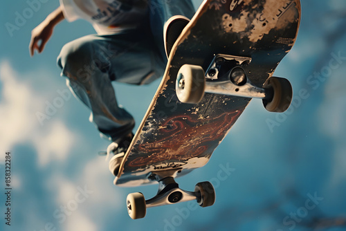 A high-resolution close-up photo of a skateboarder’s hand grabbing the board mid-air during a trick, capturing the skill and control in the movement 
