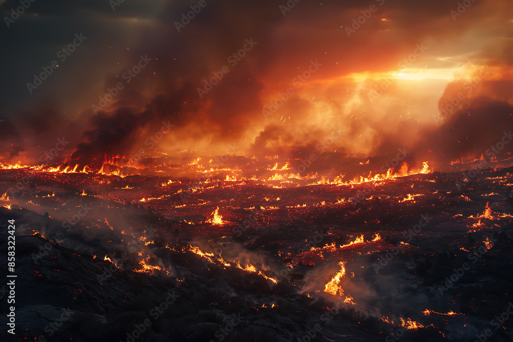 Naklejka premium Wildfires consume vast landscapes, fueled by dry conditions and strong winds, leaving trails of destruction in their wake.