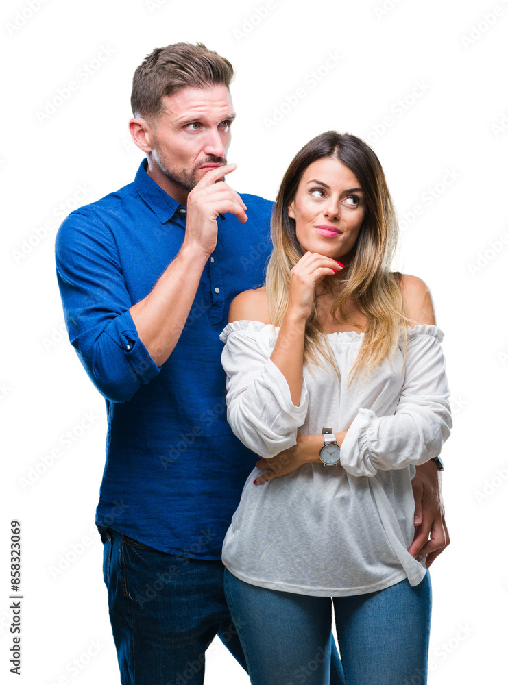 Young couple in love over isolated background with hand on chin thinking about question, pensive expression. Smiling with thoughtful face. Doubt concept. Young couple in love over isolated background with hand on chin thinking about question, pensive expression. Smiling with thoughtful face. Doubt concept.