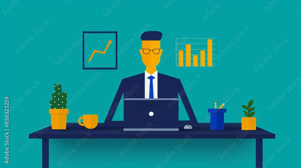 Illustration of a businessman working at a desk with a laptop, charts, and plants in a modern, minimalist style. Illustration of a businessman working at a desk with a laptop, charts, and plants in a modern, minimalist style.