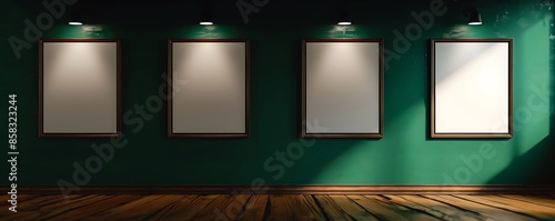 Four blank picture frames, each a different size, on a dark emerald green wall, wooden floor gleaming under gallery lights.