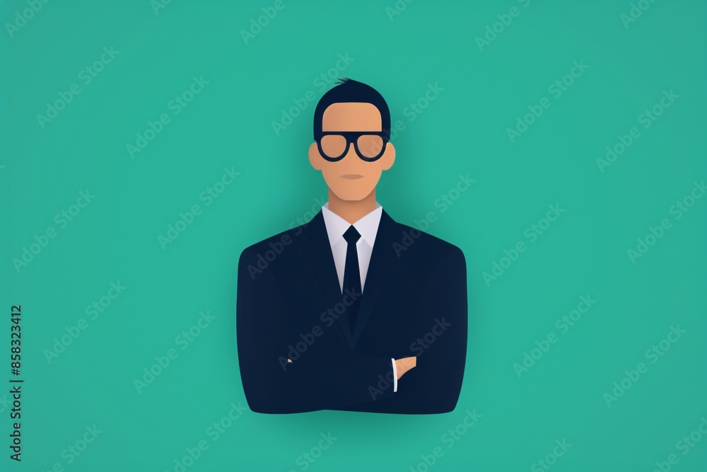 Illustration of a confident business professional in a suit and glasses, standing with arms crossed against a green background. Illustration of a confident business professional in a suit and glasses, standing with arms crossed against a green background.