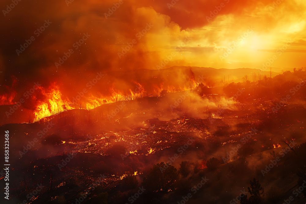 Naklejka premium Wildfires consume vast landscapes, fueled by dry conditions and strong winds, leaving trails of destruction in their wake.