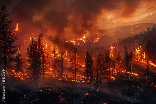 Wildfires consume vast landscapes, fueled by dry conditions and strong winds, leaving trails of destruction in their wake.