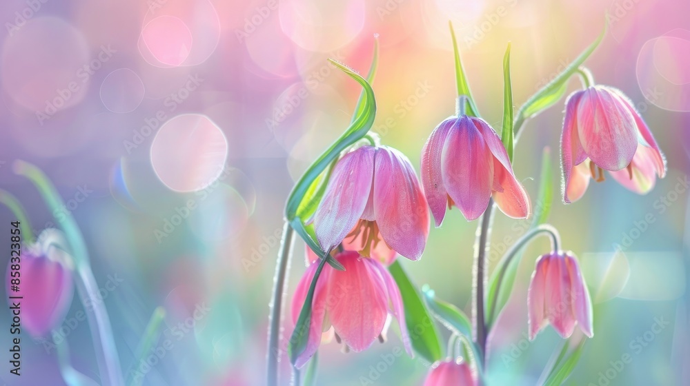 Obraz premium Soft focus on fritillaria flowers in spring with pastel bokeh background