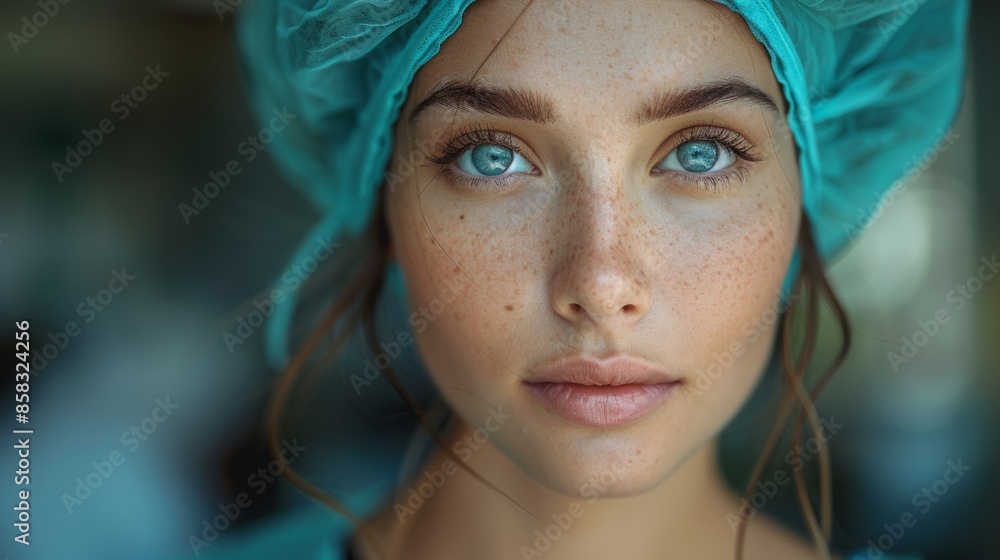 A close-up portrait of a woman wearing a blue surgical cap, looking directly at the camera. A close-up portrait of a woman wearing a blue surgical cap, looking directly at the camera.
