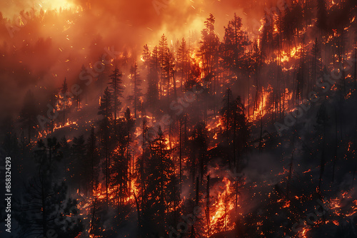 Wildfires consume vast landscapes, fueled by dry conditions and strong winds, leaving trails of destruction in their wake.