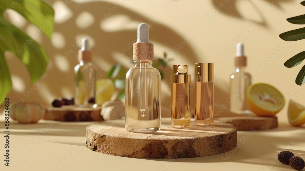 Glass bottles with dropper containing essence and serum on wooden rounds against beige backdrop Natural beauty items Eco friendly cream serum skincare Mock up for advertisement with space fo Glass bottles with dropper containing essence and serum on wooden rounds against beige backdrop Natural beauty items Eco friendly cream serum skincare Mock up for advertisement with space fo