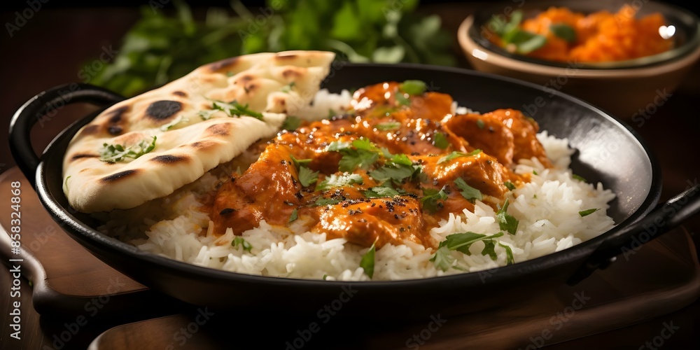 Delicious Indian Butter Chicken with Basmati Rice and Naan Bread. Concept Indian Cuisine, Butter Chicken, Basmati Rice, Naan Bread, Flavorful Spices Delicious Indian Butter Chicken with Basmati Rice and Naan Bread. Concept Indian Cuisine, Butter Chicken, Basmati Rice, Naan Bread, Flavorful Spices