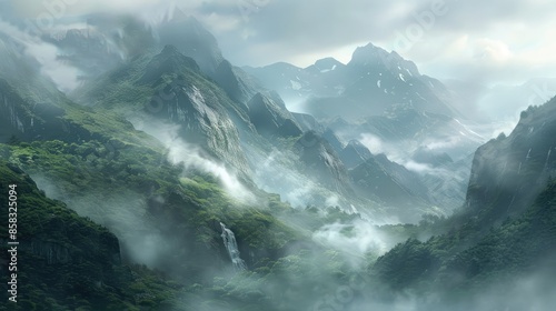 Mystical mountain landscape veiled in mist, where nature's beauty takes on an enchanting and ethereal allure © Lcs