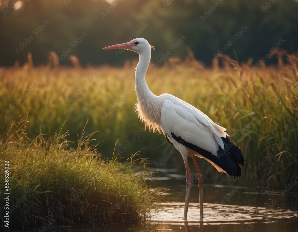 Fototapeta premium A White Bird Standing in the Grass