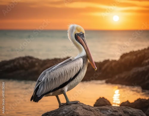 A Pelican on a Rock at Sunset