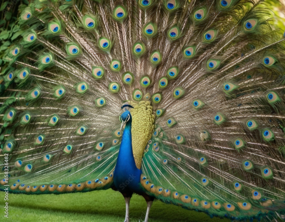 Obraz premium Peacock with a Blue Neck and Yellow Feathers