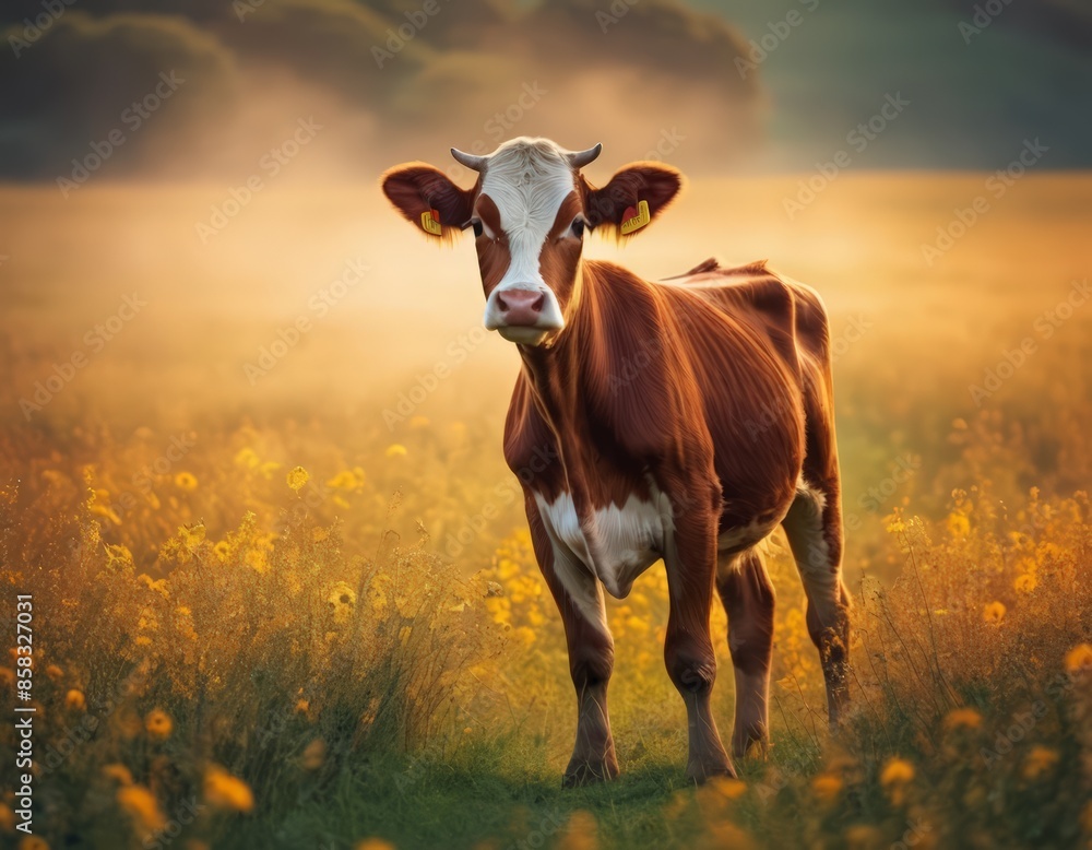 A Brown Cow in a Field of Yellow Flowers A Brown Cow in a Field of Yellow Flowers