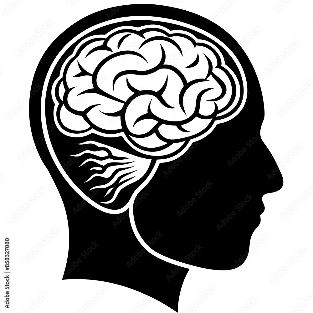 brain organ in side man head silhouette, outline, simple line illustration design. brain organ in side man head silhouette, outline, simple line illustration design.