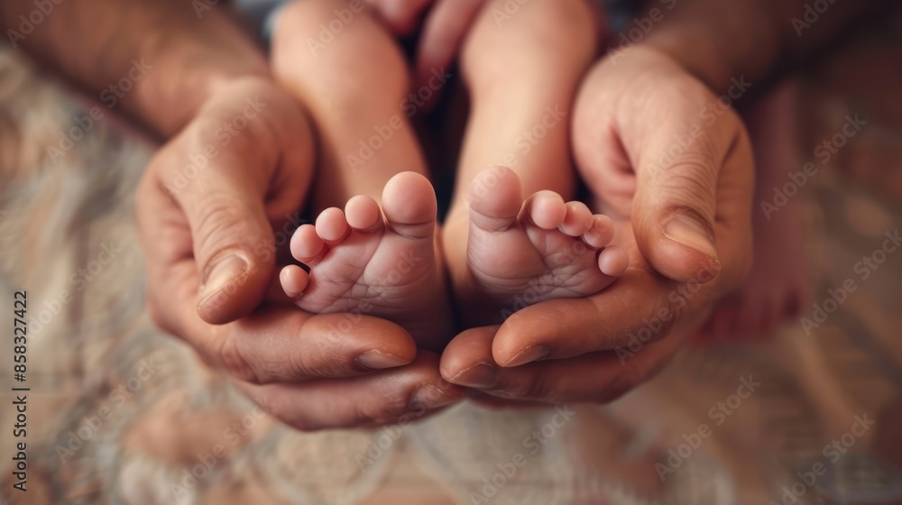 A close-up of an American father's hands gently holding his baby tiny feet, with a plain background offering ample copy space A close-up of an American father's hands gently holding his baby tiny feet, with a plain background offering ample copy space