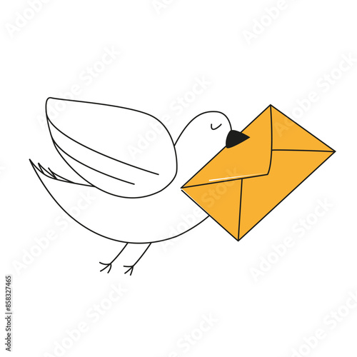 A bird is carrying an envelope. Messaging, contact, communication, chatting concept. Thin line cute vector illustration on white background.
