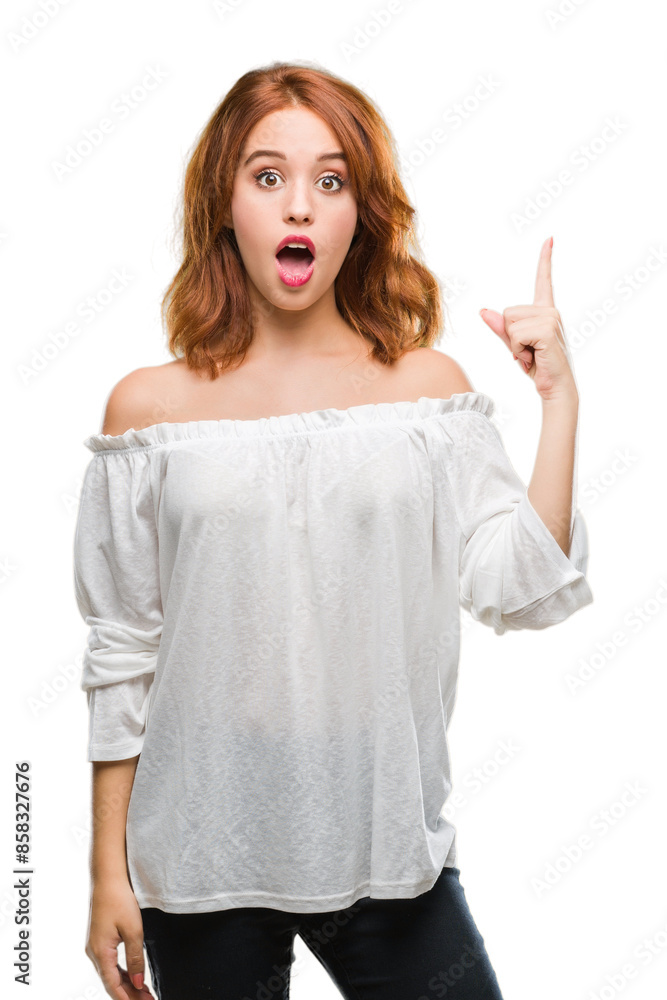 Young beautiful woman over isolated background pointing finger up with successful idea. Exited and happy. Number one. Young beautiful woman over isolated background pointing finger up with successful idea. Exited and happy. Number one.