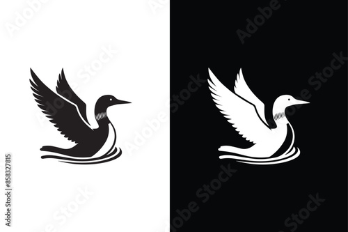 Duck loon bird logo design modern vector illustration black white background.
