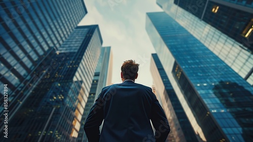 A man in a suit stands in front of a tall building, looking up at the sky.