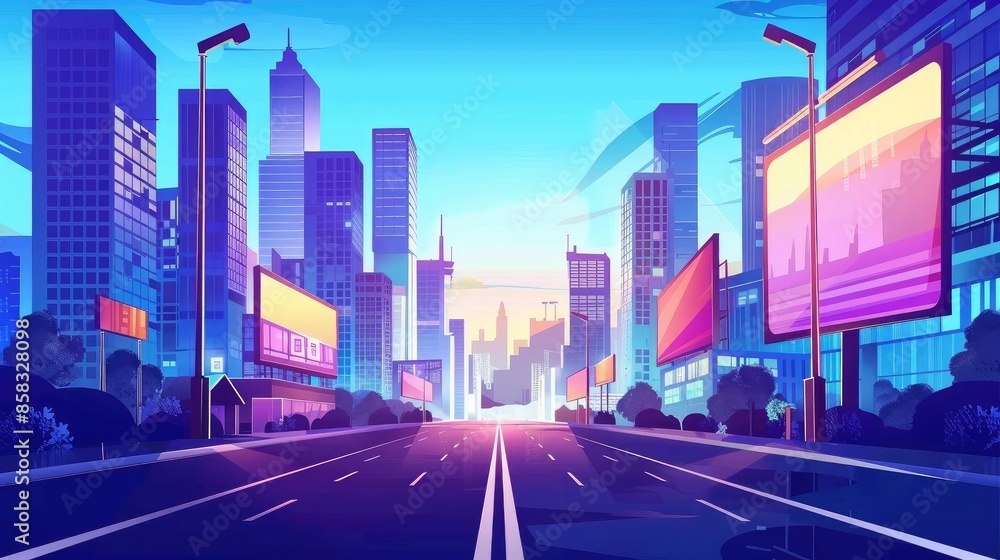 Vivid illustration of a modern cityscape with high-rise buildings, billboards, and an empty street in a vibrant sunset, showcasing urban lifestyle. Vivid illustration of a modern cityscape with high-rise buildings, billboards, and an empty street in a vibrant sunset, showcasing urban lifestyle.