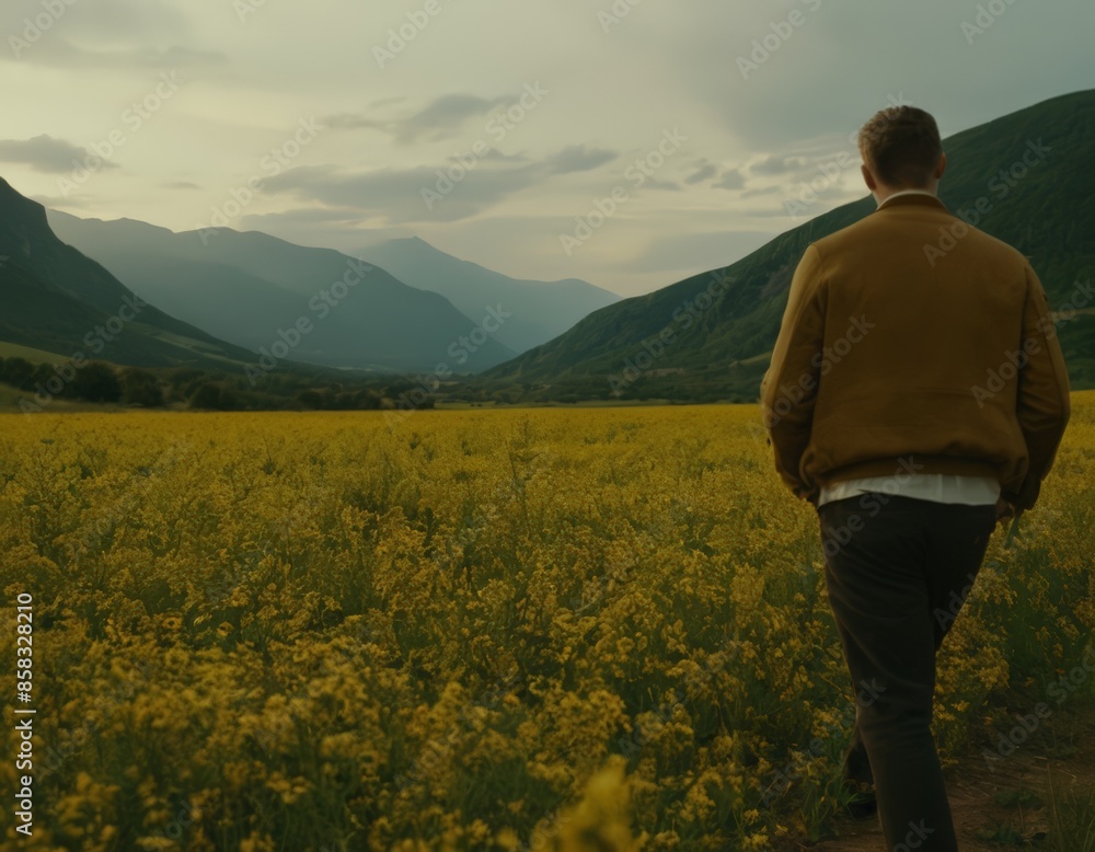 A Man Walking in a Yellow Field A Man Walking in a Yellow Field