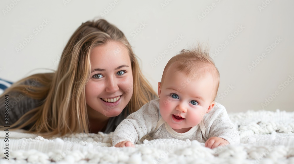 A mother and baby engaging in tummy time on a white blanket, with both looking happy and the white background providing space for copy or branding A mother and baby engaging in tummy time on a white blanket, with both looking happy and the white background providing space for copy or branding