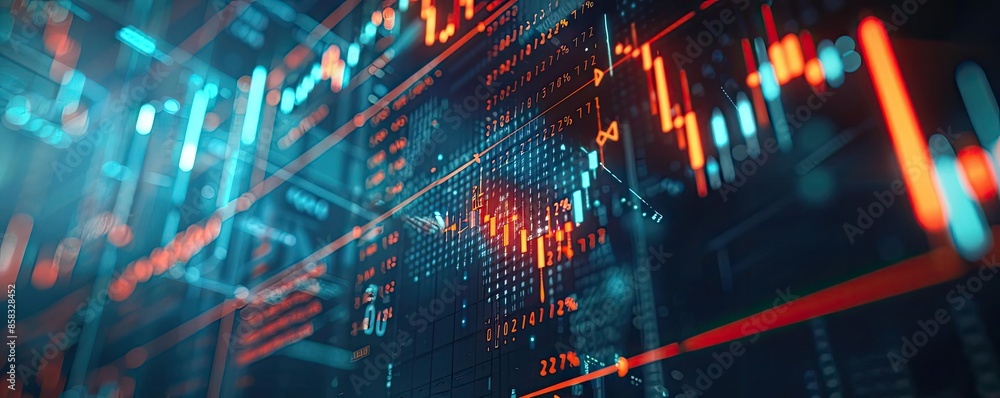 Abstract digital data visualization with orange and blue light representing graphs and charts on a futuristic interface. Abstract digital data visualization with orange and blue light representing graphs and charts on a futuristic interface.
