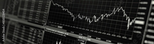 Monitor displaying a detailed stock market chart with fluctuating data lines representing financial trends and market analysis in black and white.