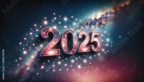 2025 New Year's Eve Celebration in the Galaxy - A 3D rendering of the year 2025 glowing against a cosmic background. The numbers are adorned with stars and a nebula fills the background.