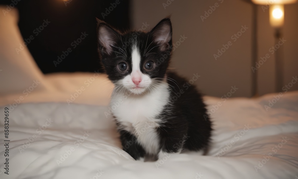 A Black and White Kitten on a Bed A Black and White Kitten on a Bed
