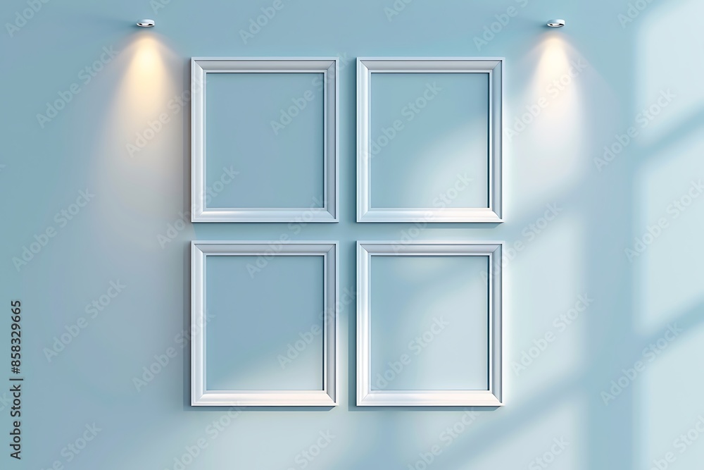Four empty square frames forming a square on a pale blue wall, each frame illuminated by a spotlight, creating a harmonious and soothing display Four empty square frames forming a square on a pale blue wall, each frame illuminated by a spotlight, creating a harmonious and soothing display