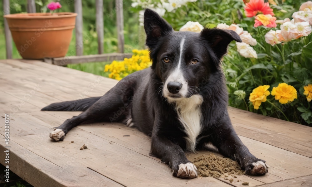 Black and White Dog Laying on a Deck Black and White Dog Laying on a Deck