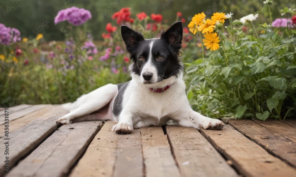 A Black and White Dog Laying on a Wooden Deck A Black and White Dog Laying on a Wooden Deck