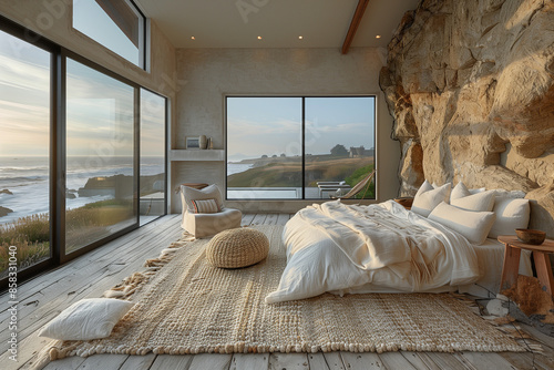 Modern minimalist coastal retreat featuring a light, airy reading nook, clean lines, natural materials, and warm afternoon sunlight, showcasing seamless indoor-outdoor integration and unique architect