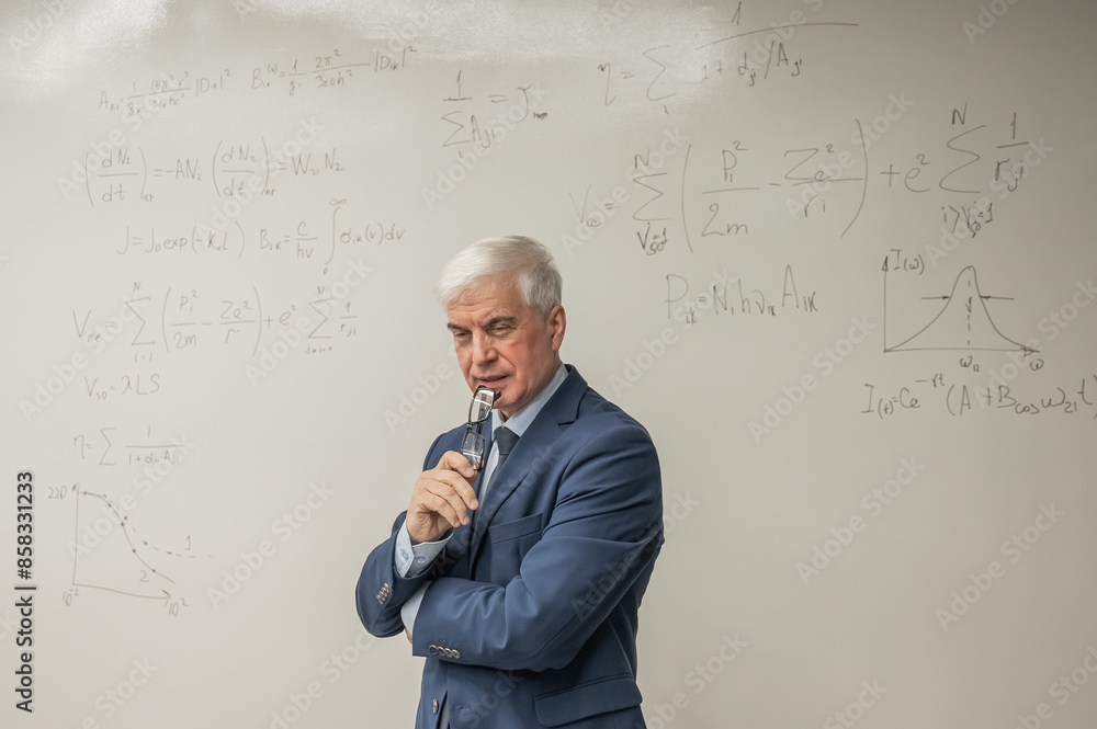 Mature man stands at a white board with written formulas. Mature man stands at a white board with written formulas.