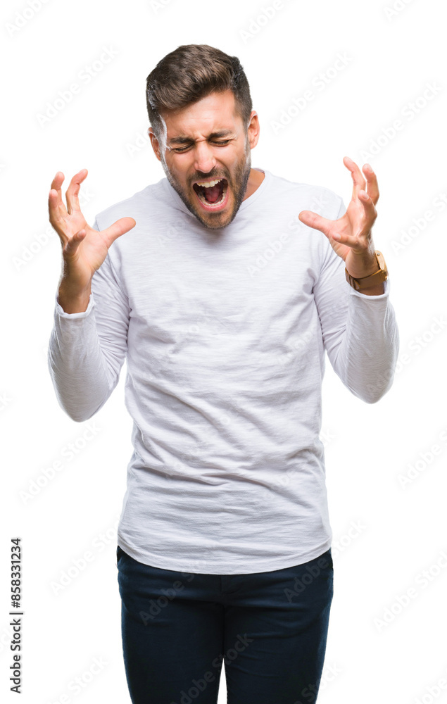 Fototapeta premium Young handsome man over isolated background celebrating mad and crazy for success with arms raised and closed eyes screaming excited. Winner concept