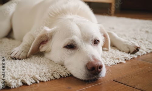 A White Dog Laying on a Rug