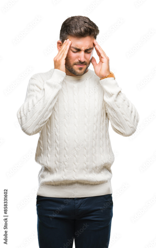 Young handsome man wearing winter sweater over isolated background with hand on head for pain in head because stress. Suffering migraine.
