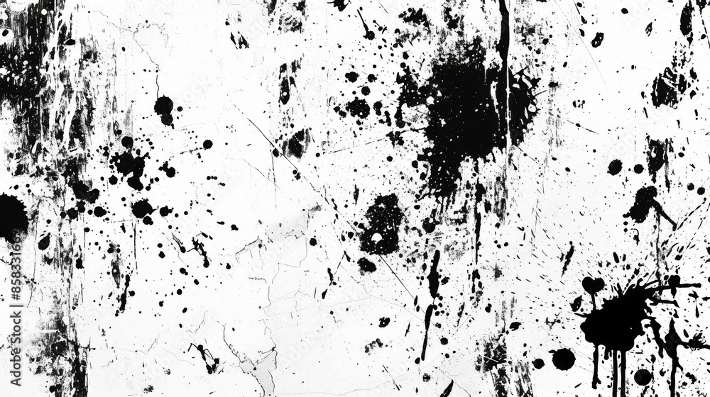 Fototapeta premium An abstract black and white grunge texture featuring splatters, scratches, and stains