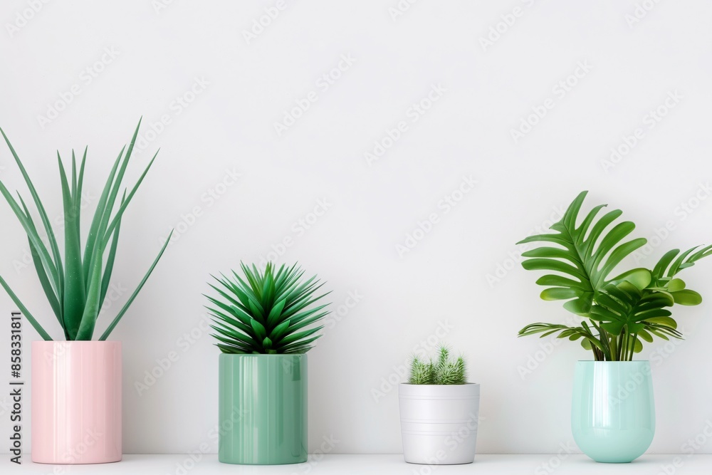 Succulent and tropical plants in colorful pots on a white background, perfect for home decor and indoor gardening enthusiasts. Succulent and tropical plants in colorful pots on a white background, perfect for home decor and indoor gardening enthusiasts.