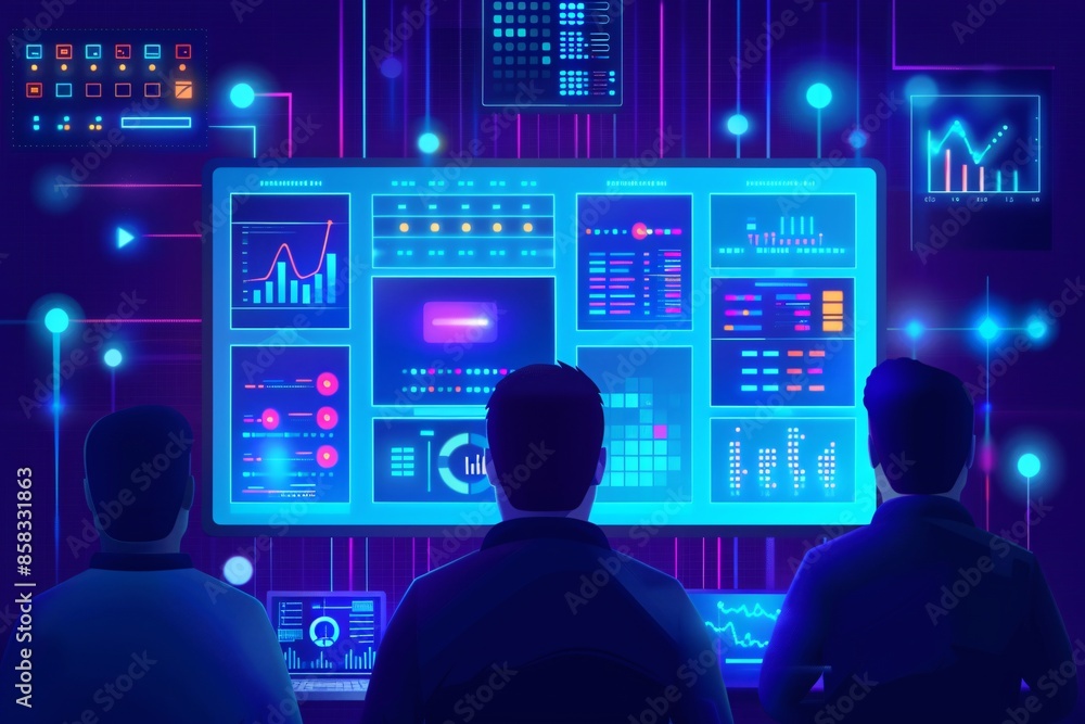 Team analyzing data on multiple screens in a futuristic control room with graphs and digital interfaces, emphasizing technology and teamwork. Team analyzing data on multiple screens in a futuristic control room with graphs and digital interfaces, emphasizing technology and teamwork.