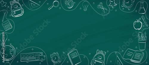 Back to school in chalk doodle style on blackboard. Template of a school poster with hand drawn accessories and copyspace. Banner template with school supplies frame. Vector illustration