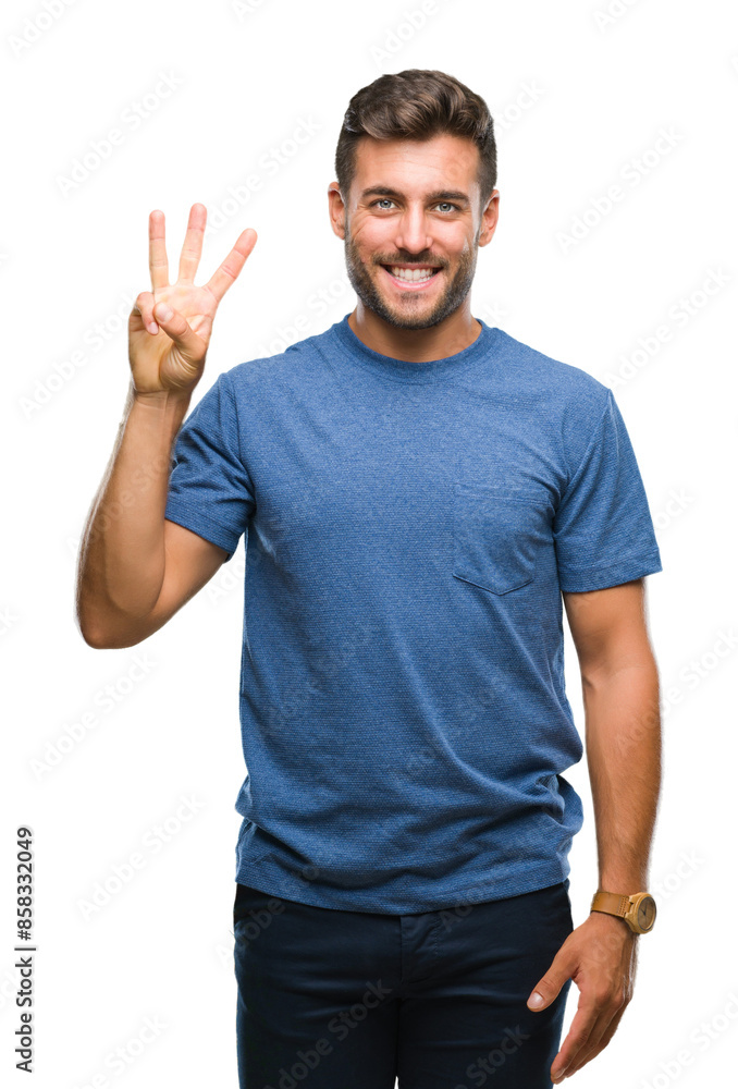 Young handsome man over isolated background showing and pointing up with fingers number three while smiling confident and happy. Young handsome man over isolated background showing and pointing up with fingers number three while smiling confident and happy.