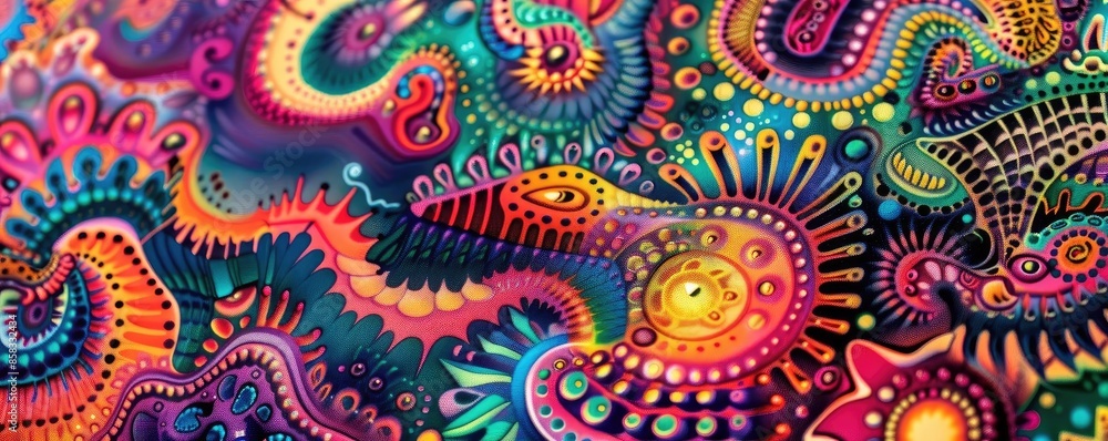 Vibrant, colorful abstract pattern with intricate swirling shapes and vivid, psychedelic details. Perfect for creative and artistic projects. Vibrant, colorful abstract pattern with intricate swirling shapes and vivid, psychedelic details. Perfect for creative and artistic projects.